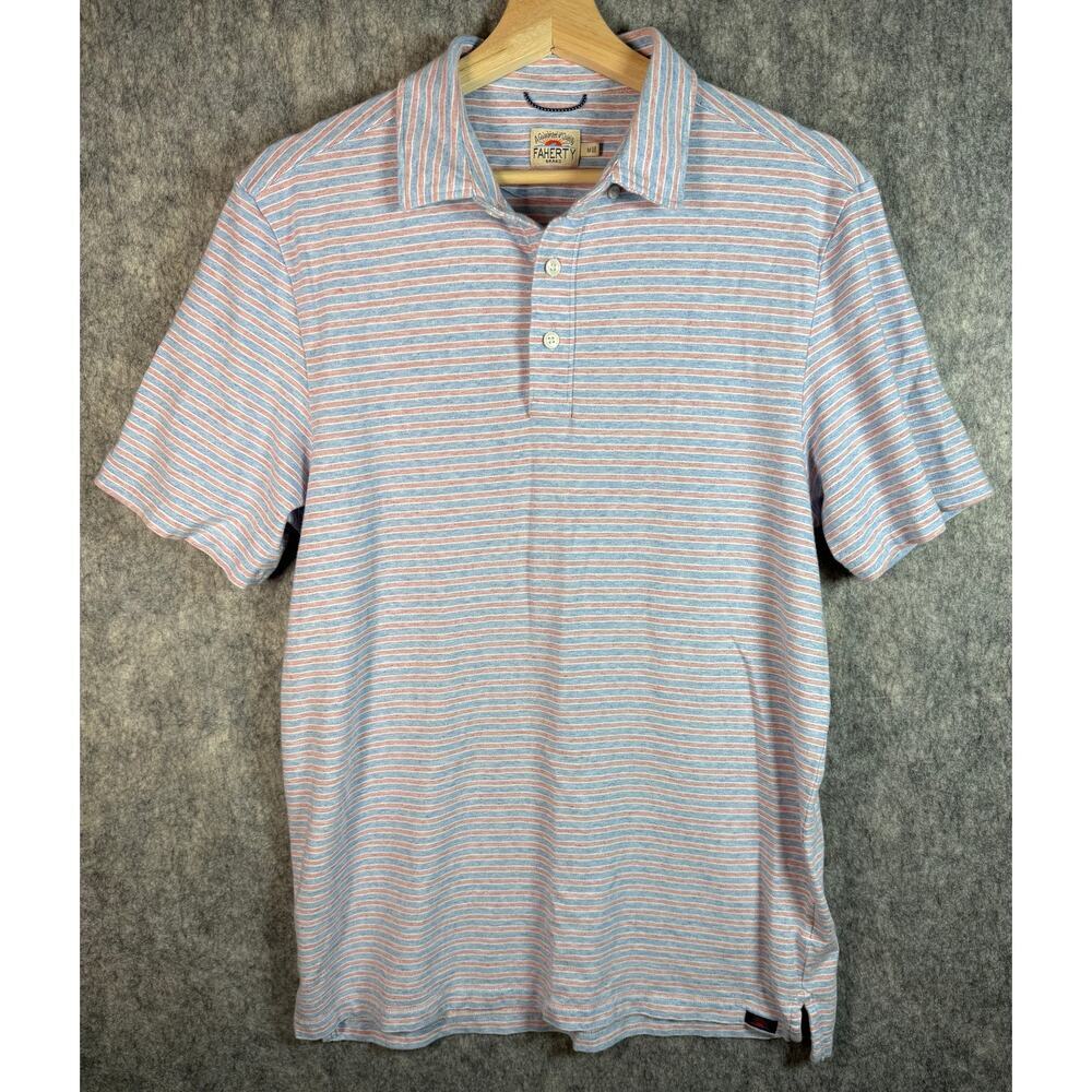 Faherty Polo Shirt Mens Medium Blue Pink Cotton Modal Short Sleeve Stretch